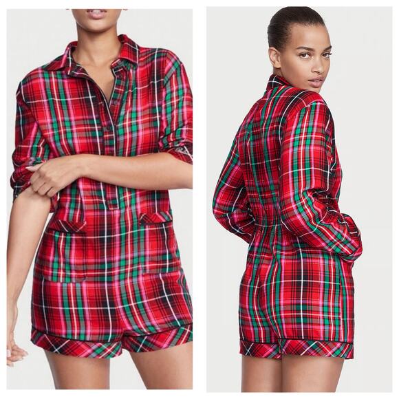 NWT Victoria’s Secret Flannel Romper Size XXL Red Plaid Print Pajamas Sleepwear - Picture 1 of 14